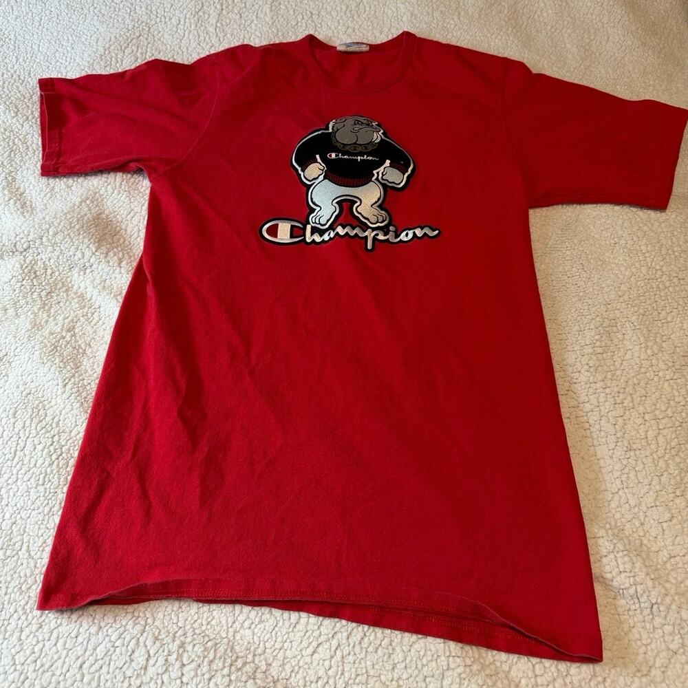 Vintage 90s Champion Bulldog Mascot Patch TShirt Red Men's Large Embroidered UGA
